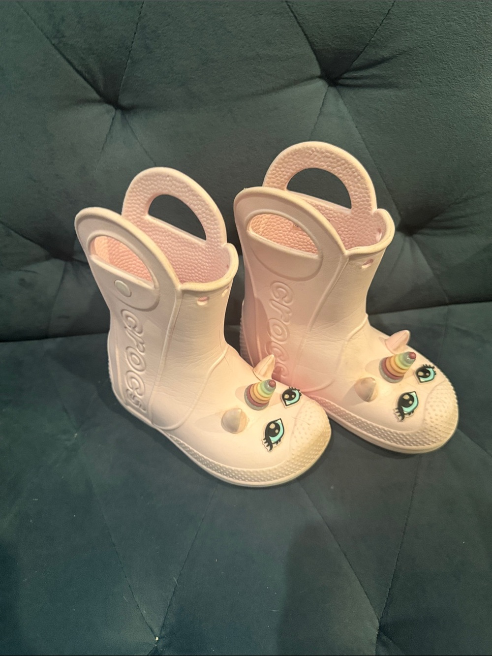 CROCS Kids Light Pink Unicorn Rain Boots with Rainbow Horns